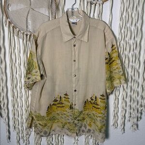 Citron Short Sleeve Button Down Asian Landscape Inspired Print 100% Linen Small